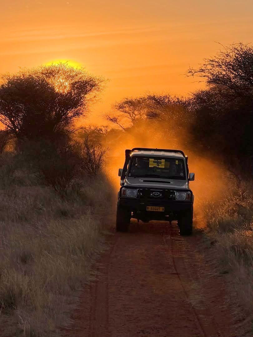 Geländewagen auf roter Farmpiste im Sonnenuntergang
