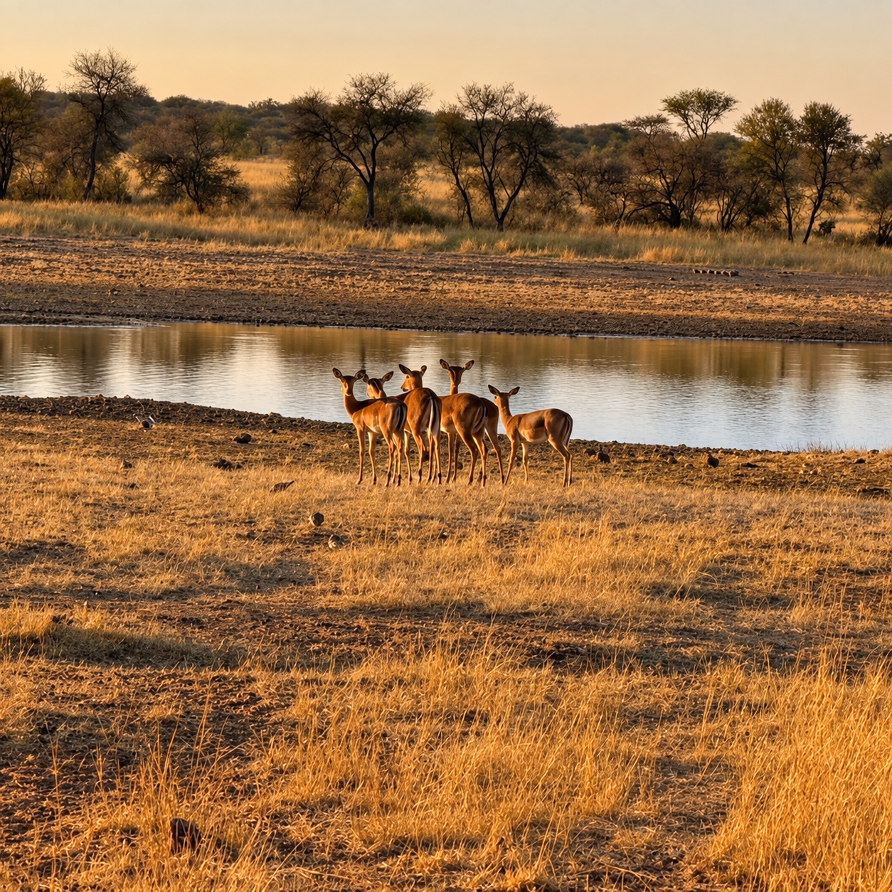 Impalas am Wasserloch im Abendlicht